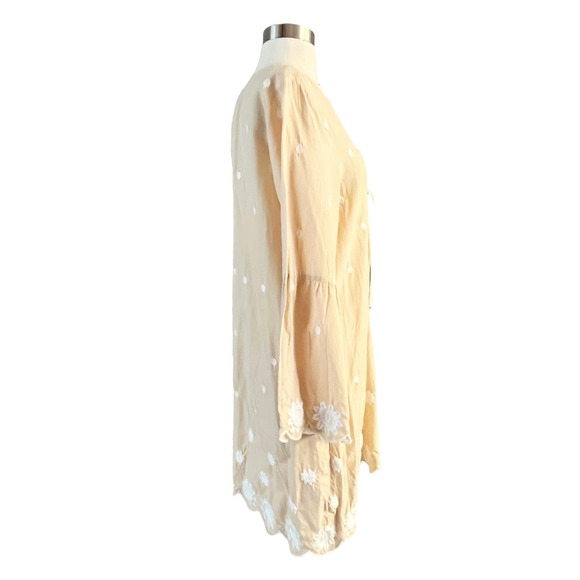 ANTONIO MELANI CoverUp Tunic Tan Embroidery Lace Details Bell Sleeves Neck Tie - Picture 3 of 10